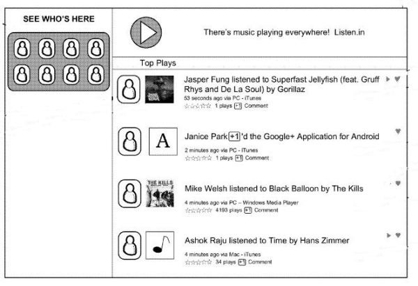 A screenshot from the patent filing showing a media feed expressly for music.