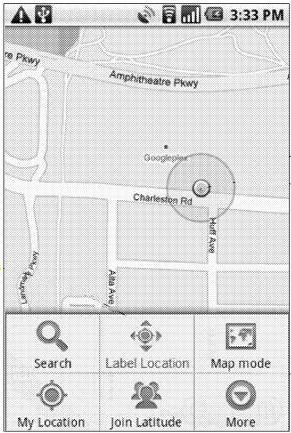 A mobile phone screen showing the location of a searcher, near the Googleplex