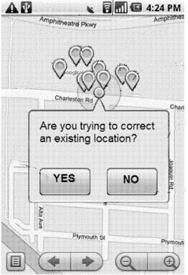The map with a dialog box, asking if the viewer is attempting to correct an existing location