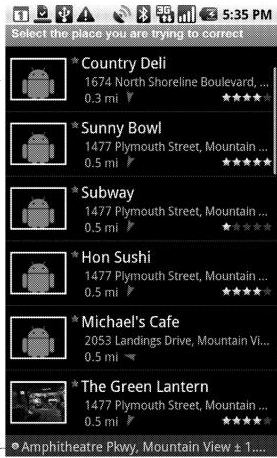 A list of destinations near the location, that the viewer can select from, for the place that they are trying to correct