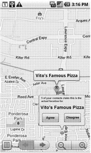 The map interface provides the viewer with a chance to agree or disagree with their contacts claims of the other location.