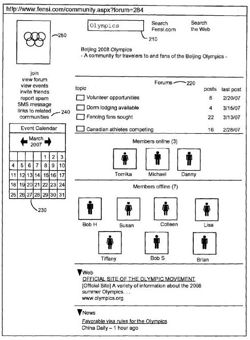 A screenshot of a social network page, from the Google patent applications.