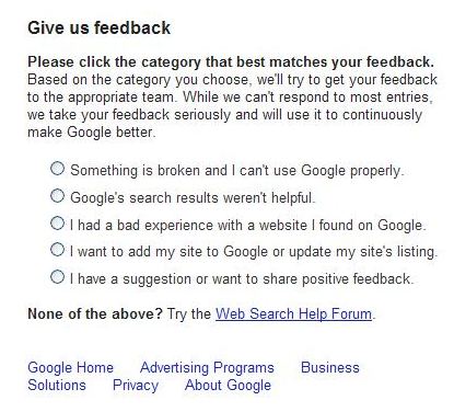 The text of a feedback page from Google
