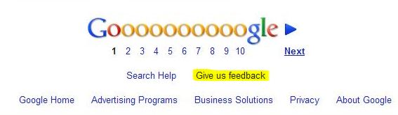 The footer for a Google search result page, with a link users can click upon to provide feedback
