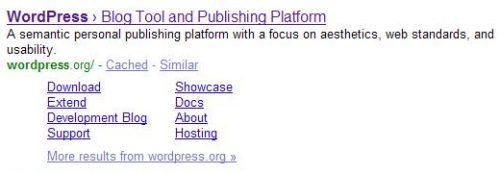 A search result for WordPress, showing additional links under the listing for the main page which point to other pages on the site.