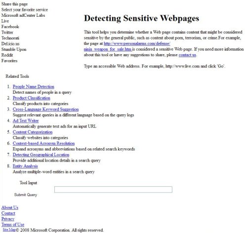 A screenshot showing part of the Detecting Sensitive Webpages tool from Microsoft Adcenter, via the Wayback Machine.