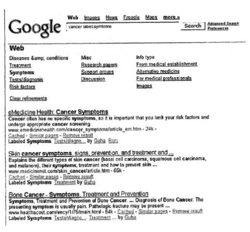Google search results with a query of cancer and a label of symptoms, showing search results that have been labeled with the term symptoms.