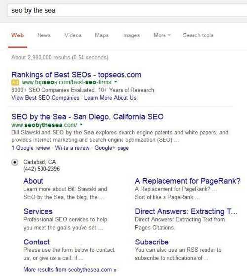 Another set of sitelinks appear in results for the site name SEO by the Sea.