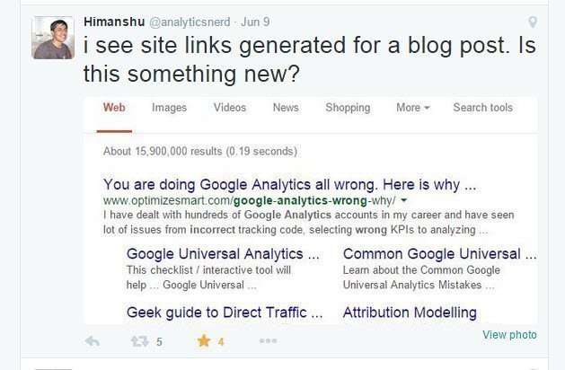 Sitelinks for a blog post, in Google search results.