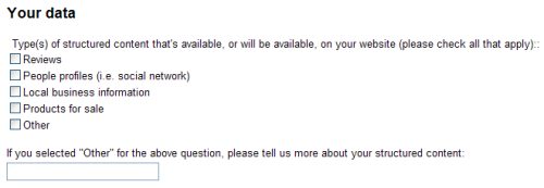 Part of a contact form from Google asking about structured data that might be available on the contacting person's site.