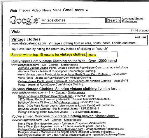 A screenshot from the patent showing top results on a search for vintage clothes, with a search box appearing above the results allowing searchers to search more deeply through those top results.