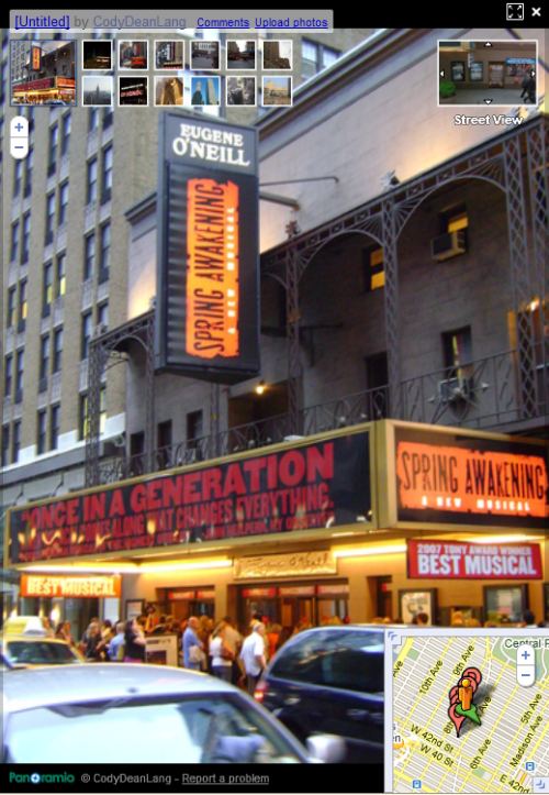 a Google Streetview image of the Eugene O'Neill theatre showing posters advertising coming shows.