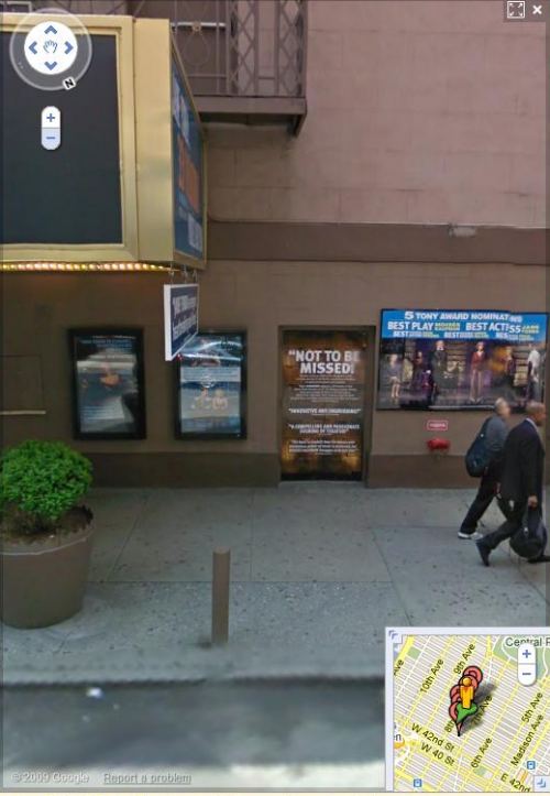 a Google Streetview image of the Eugene O'Neill theatre showing posters advertising coming shows.