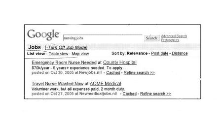 A set of Google search results showing a job mode being turned on, and additional search interface options available to someone searching in job mode.