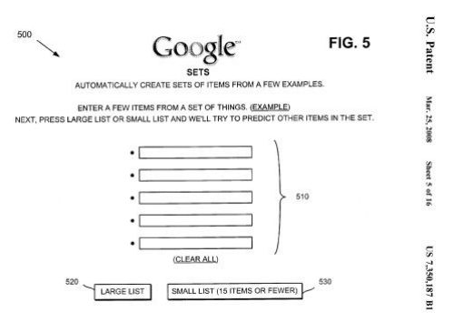 screenshot of patent drawing showing front page of Google Sets