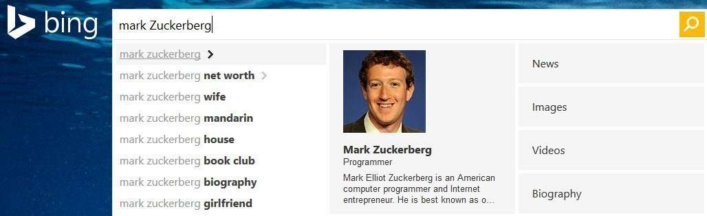 A dropdown on a search for Mark Zuckerberg shows Bing's "authoritative image" for him to searchers.