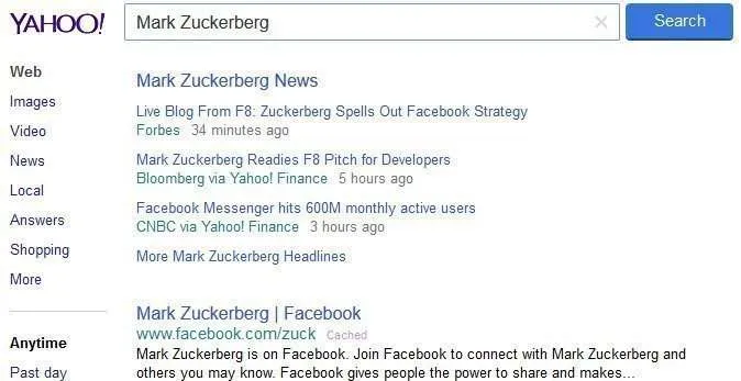 Yahoo suggests a number of real time news results on a query for Mark Zuckerberg