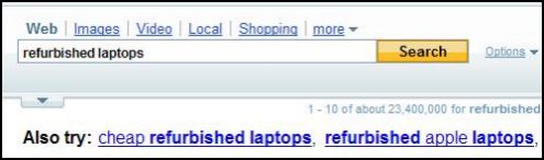 A Yahoo search box with a search for refurbished laptops and search query suggestions shown above the search results