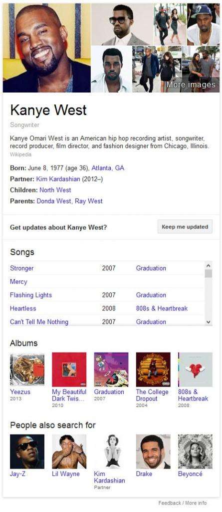 A knowledge panel at Google on a search for kanye west