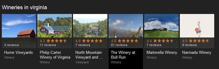 Carousel results on a search for wineries in virginia