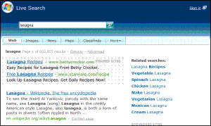Live.com search result page showing a paid result and a Web search result.