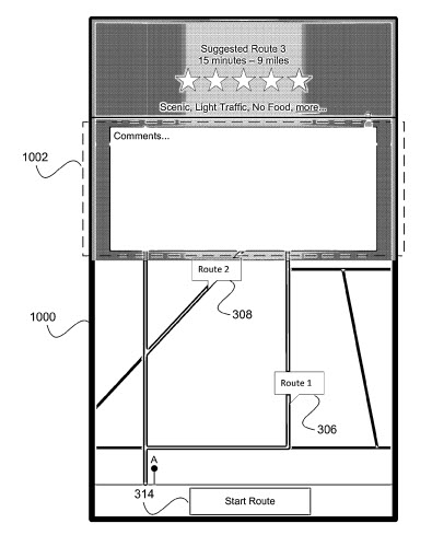 A screenshot from the Apple patent application showing more details about the kind of information available about one of the alternative routes, including choices such as Scenic, Light Traffic, No Food, and more, with a time estimate of 15 minutes and a distance estimate of 9 miles.