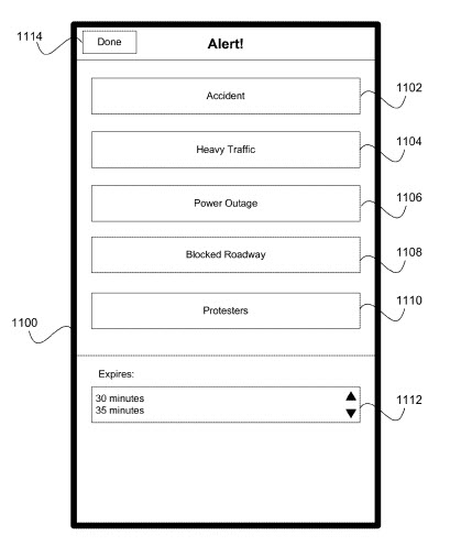 A screenshot from the Apple patent application enabling travelers to report accidents, heavy traffic, power outages, blocked roadways, protestors, and likely more.