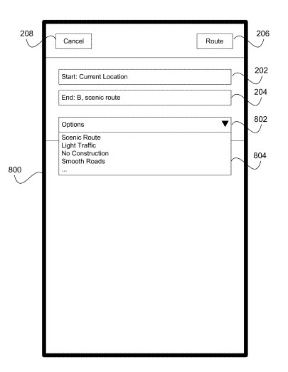 A screenshot from the Apple patent application showing many alternative routes, including choices such as Scenic Route, Light Traffic, No Construction, and Smooth Roads.