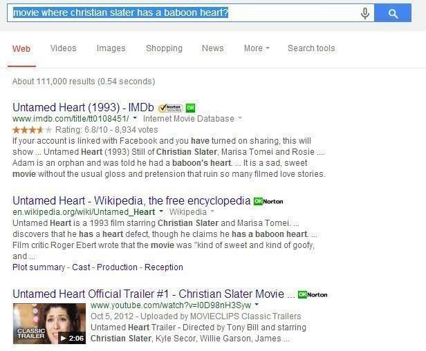 A query where attributes about the movie Untamed Heart are ued to search fo the movie