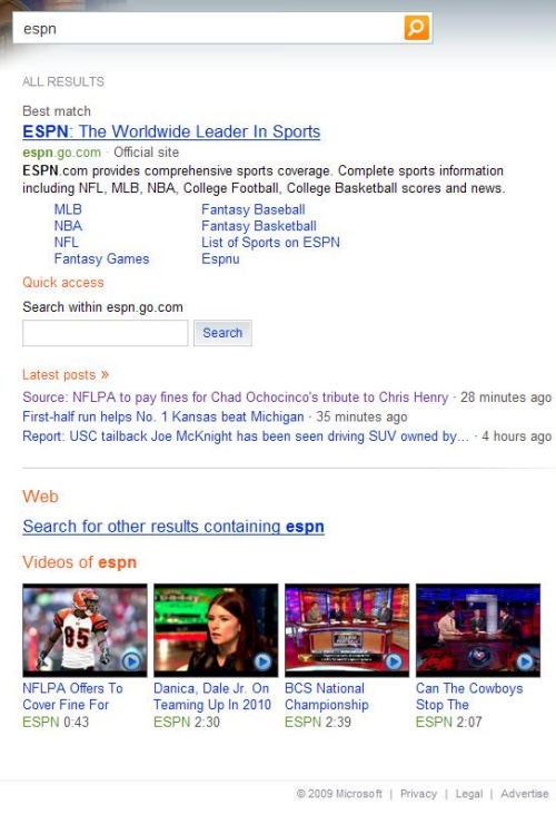 Bing search result for a search for ESPN showing links to pages, images, and video on the ESPN site.