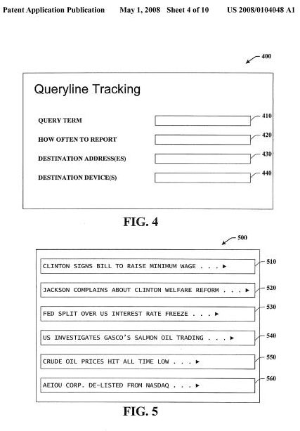 a screenshot from a Microsoft patent application showing a user interface for a queryline tracking system, and an example of stories involving a query for the word 'Clinton.'