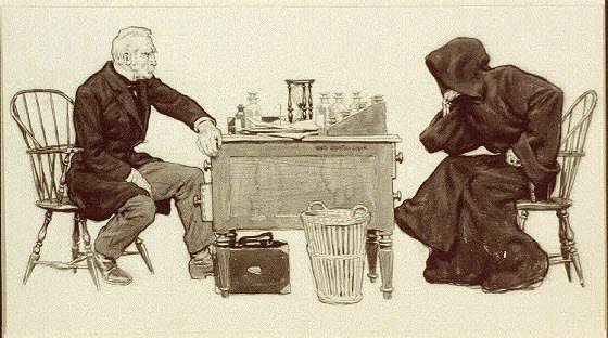 A picture of a man playing chess with the Grim Reaper.