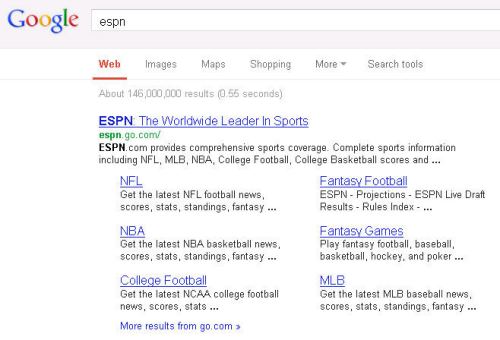 The top result on a search for [ESPN] is the ESPN home page and site links.