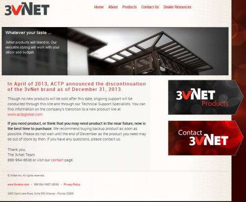 3vNet homepage stating that the sale of products has stopped.