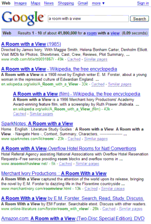 screen shot of Google results on a search for a room with a view.