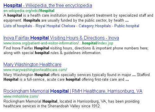 Some first page search results for the query term [hospital] that only rank that highly because of Google's localized organic search algorithm.