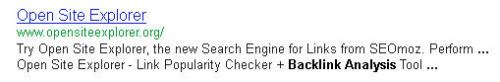 A Google Snippet showing the Open Site Explorer page and hightlighted terms in the snippet from alt text from an image.