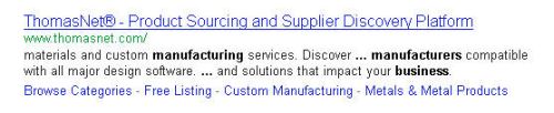 A Google snippet showing the home page of thomasnet.com which shows several terms that match words in the query highlighted, as well as the word business likely as a synonym.
