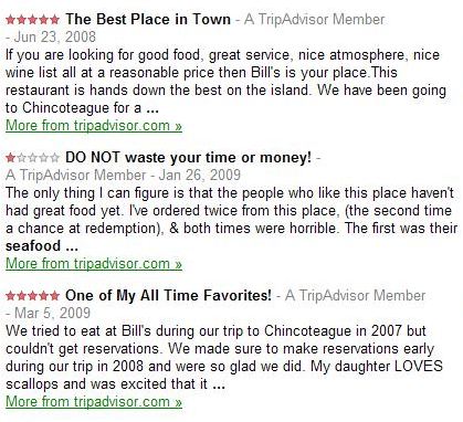 three review summaries for a seafood restaurant from Google Maps showing very different sentiments about the same restaurant.