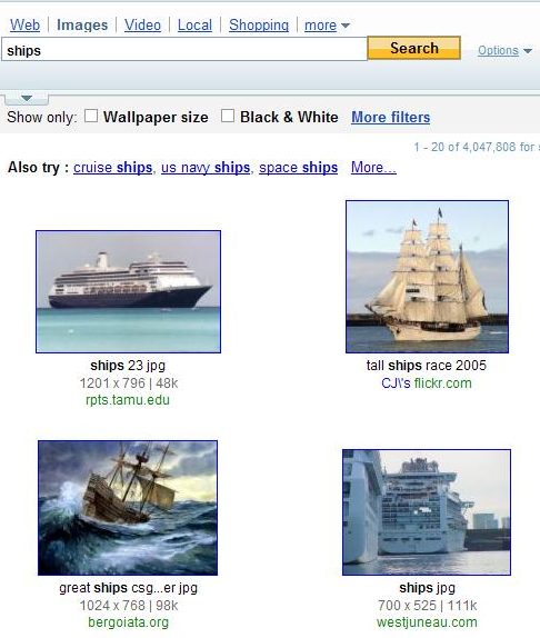 yahoo image search results showing images of ships.