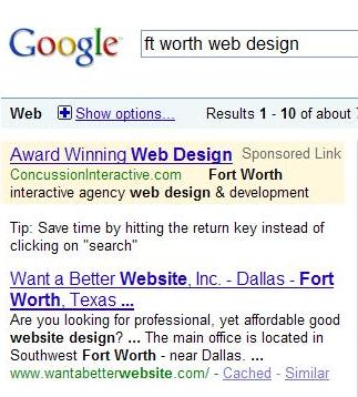 Google search results showing 'Fort Worth' highlighted on a search for 'Ft. Worth.'