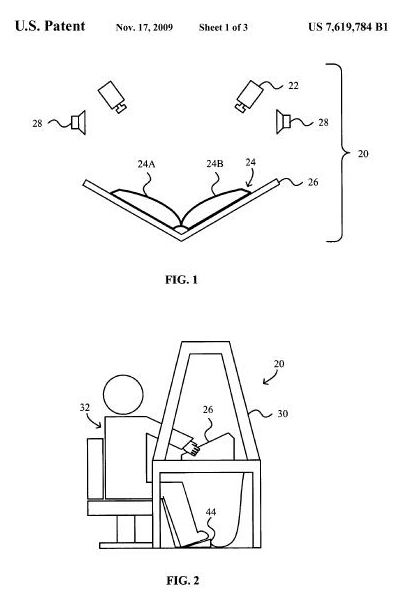 Images from US Patent 7,619,784, granted to Google, showing a book in a cradle with cameras and speakers in a top image, and a person sitting at a manual scanning desk in a bottom image.