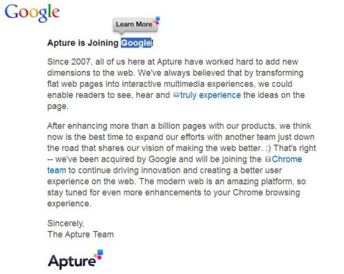 Apture's homepage with the word Google highlighted, and special icons in front of anchor text appearing on the page.
