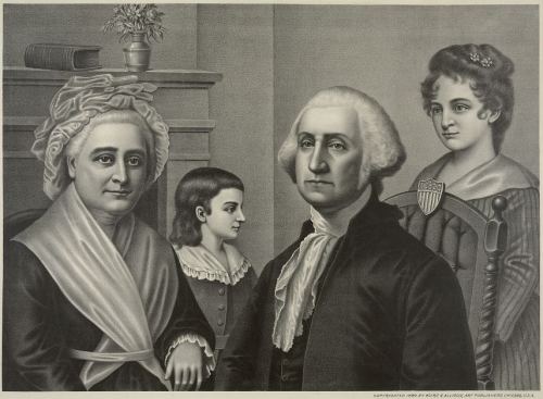 A lithograph of George and Martha Washington with two children, originally copyrighted in 1889 by Kurz and Allison.