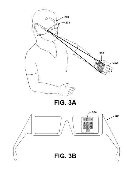 A projector beaming a number pad unto a person's hand, and a view of that number pad in a pair of glasses below it.