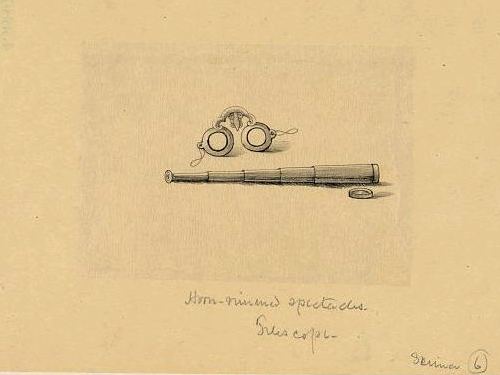 An old drawing of a pair of horn rimmed spectacles and a telescope from around the 1870s.