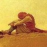 A portion of Howard Pyle's picture of a pirate sitting upon a hill of sand.