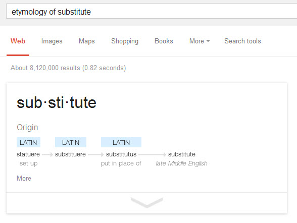 A Onebox result for the etymology of the word substitute