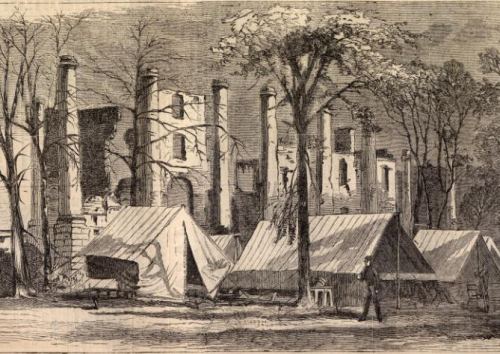 An image from Harper's weekly showing a Union army camping in front of the ruins of the resort.