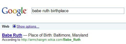Google search result showing Babe Ruth's Place of Birth.